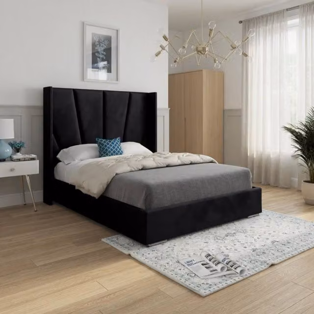 KDMD Glemsford Small Single Wide Curved Designer Bed Frame in Black Soft Velvet