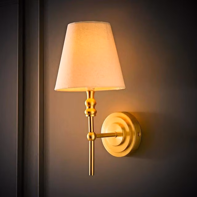 ValueLights Maggie Candlestick Wall Light with Beige Linen Shade in Brushed Gold