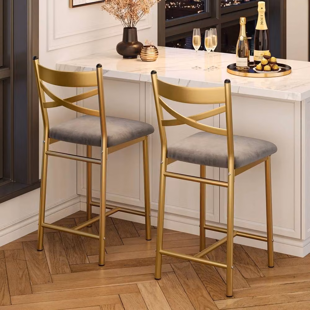 VOGREX Modern Grey Faux Leather Bar Stool with Metal Frame – 3