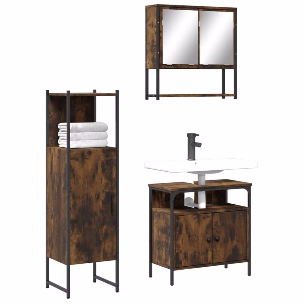 Berkfield Home 3 Piece Industrial Bathroom Furniture Set in Brown Smoked Oak with Mirror Cabinet, Vanity Unit and Tall Cabinet – 2