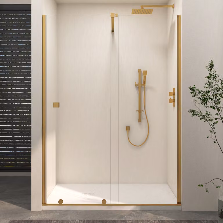 Royal Bathrooms Luton Recessed Sliding Shower Screen with White Slate Effect Stone Shower Tray, Brushed Brass, W: 160 cm, D: 80 cm, H: 195 cm