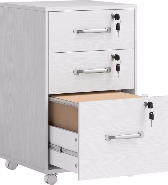 HOMCOM Three Drawer White Wood-Effect Filing Cabinet with Lock and Castors – 1