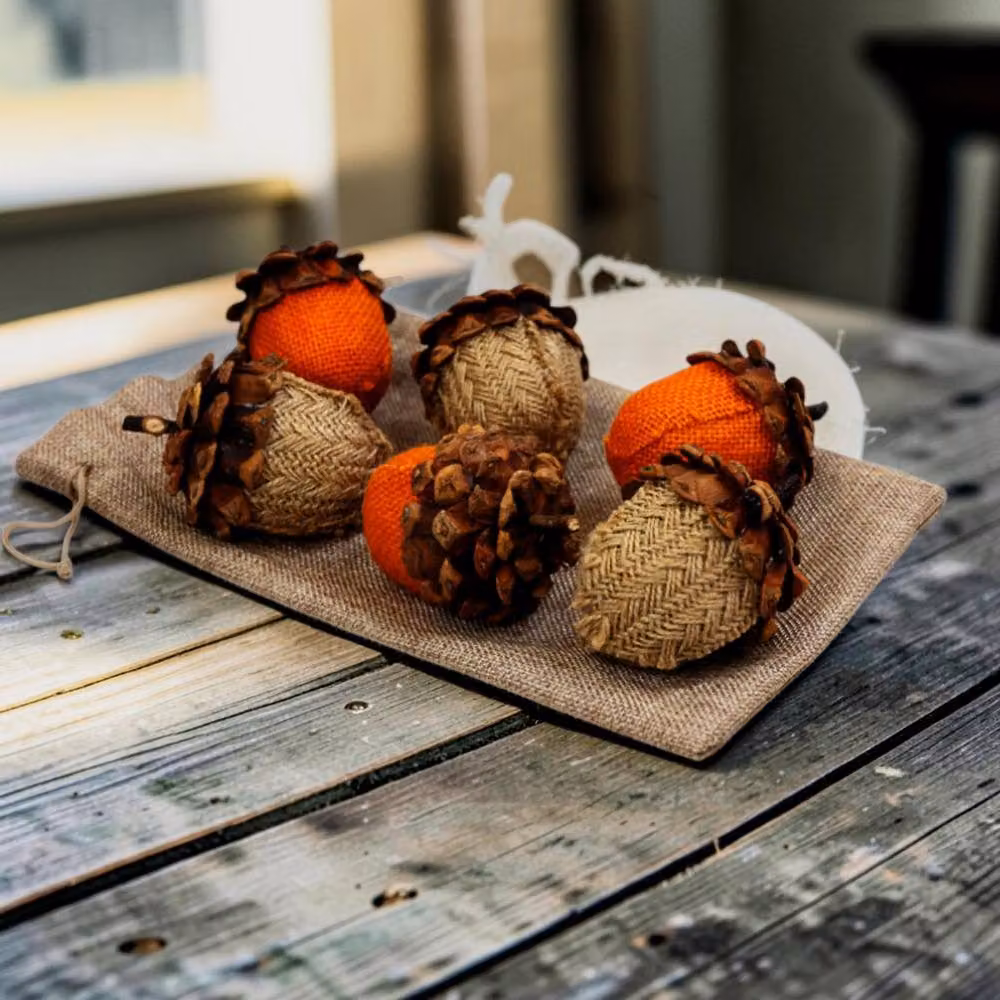 Four Candle Set of 6 Rustic Decorative Acorns in Orange and Beige, Height: 9 cm – 2