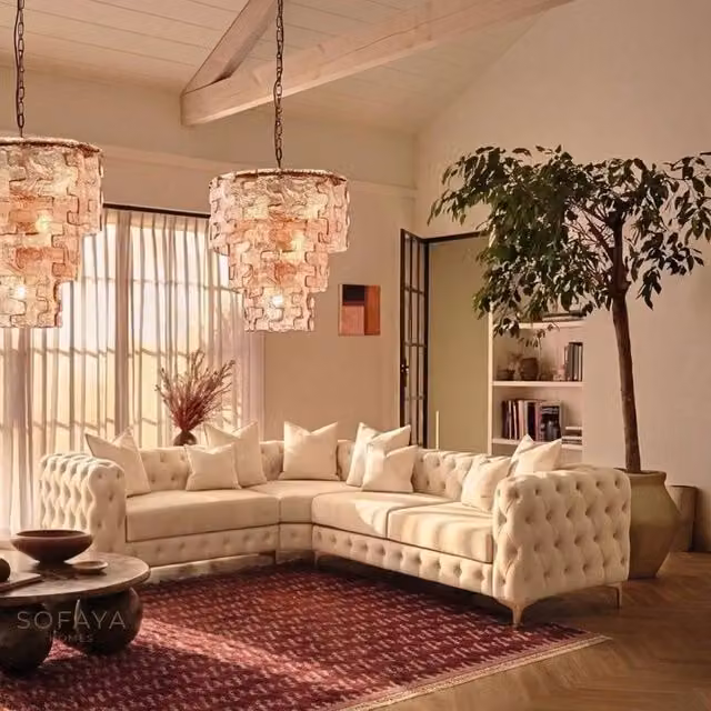 Sofaya Monaco 4 Seater Chesterfield Corner Sofa in Cream Velvet with Left Hand Chaise