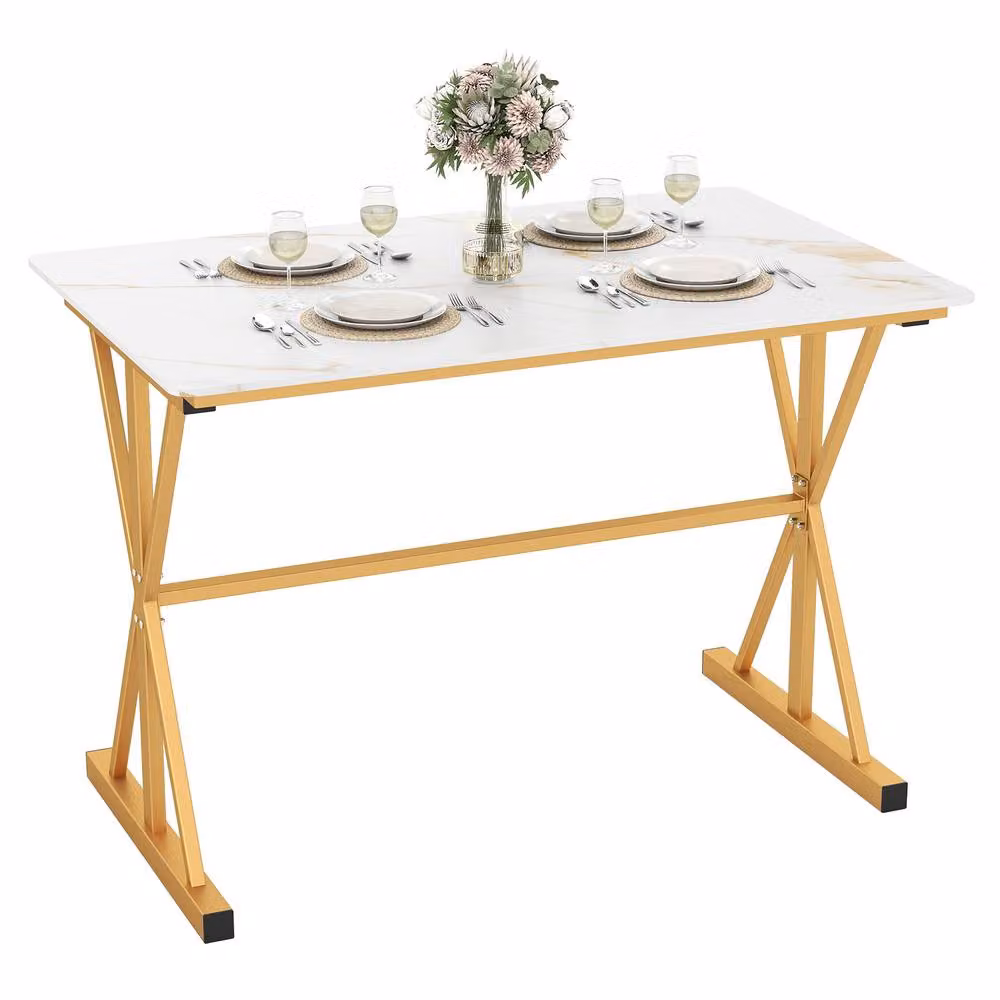 Costway Modern Rectangular Sintered Stone Dining Table in White and Gold – 2