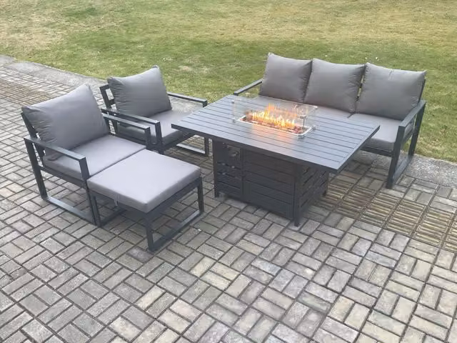 Fimous 6 Seater Aluminium Outdoor Garden Furniture Set with Gas Fire Pit Dining Table, Chairs and Footstool in Dark Grey