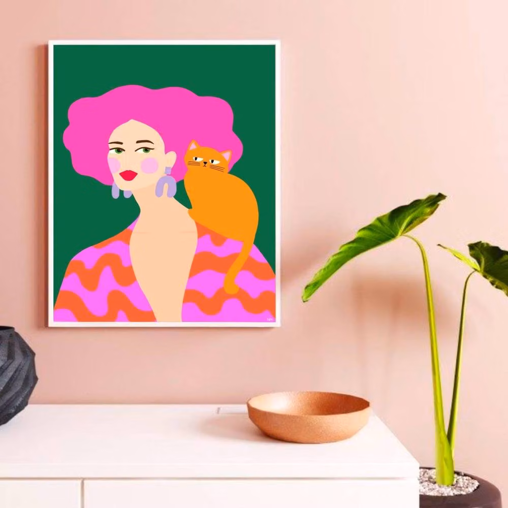 The Paper Tail Pink Hair Colourful Ginger Cat Art Print, Multicolour, A3 – 3