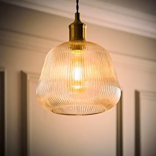 ValueLights Delora Ribbed Bell Glass Easy Fit Ceiling Lamp Shade in Transparent Vintage Dome Style