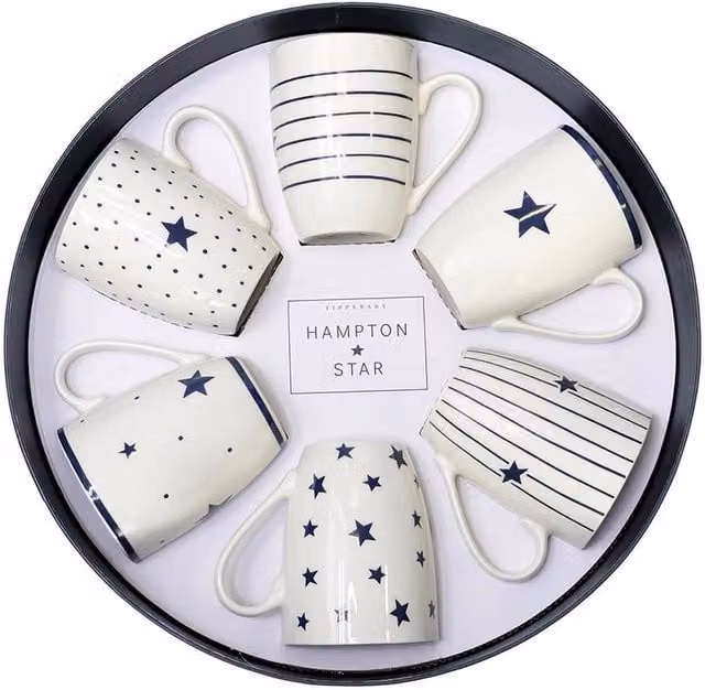 Tipperary Hampton Star Bone China Mug Gift Set of 6 in Ivory and Blue