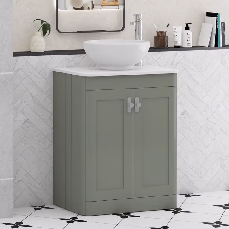Royal Bathrooms Henley 600mm Sage Green Floor Standing 2 Door Vanity Unit with Plain White Worktop, Breeze Basin and Chrome Knob