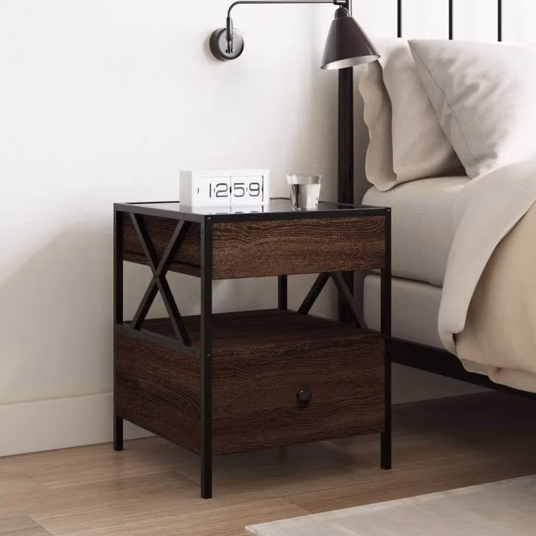 Berkfield Home Infinity LED Bedside Table in Brown Oak with Mirror Top, W/D/H: 40 x 40 x 51 cm