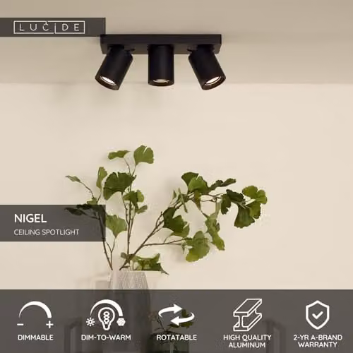 Lucide Nigel Dimmable LED Ceiling Spotlight in Black with GU10 Fitting – 2