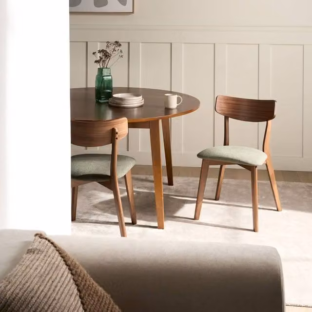 Wyld and Coco Heritage Retro Dining Chairs Set of 2 in Green Fabric and Lacquered Dark Rubberwood – 1