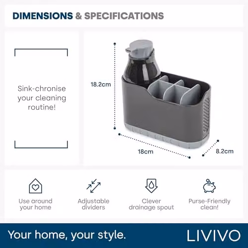 LIVIVO 2-in-1 Sink Caddy and Foam Soap Dispenser with Sponge Compartment and Drainage, Black and White Plastic Organiser – 7
