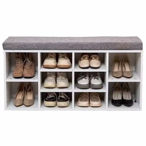 Gr8 Home Wooden Shoe Storage Bench with Padded Fabric Seat in Grey and White, W/D/H: 105.0 x 30.0 x 48.0 cm – 1