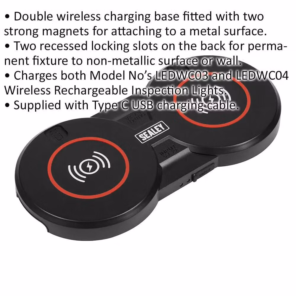 Loops 5V-1A Double Wireless Charging Base in Black for ys95292 and ys05293 Inspection Lights with USB-C – 2