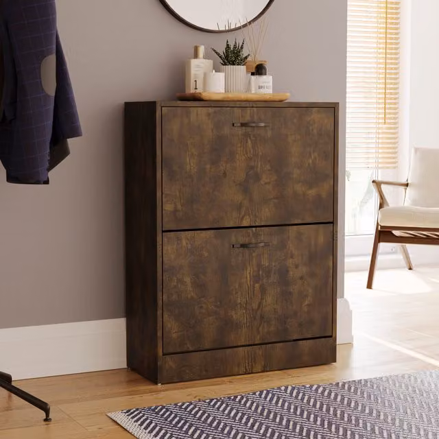 Vida Designs Modern 2 Drawer Brown Wood and Metal Shoe Cabinet with Tilting Compartments
