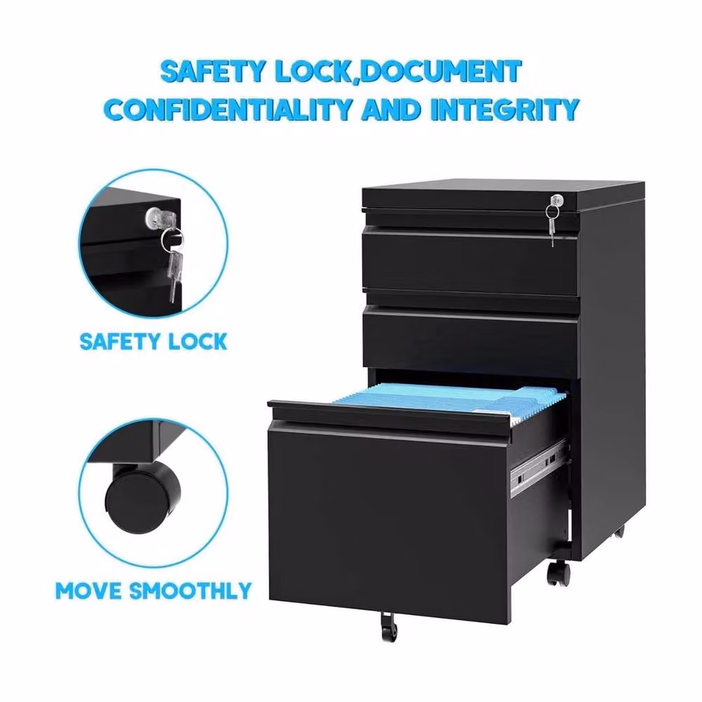 VOGREX 3 Drawer Lockable Mobile Under Desk Filing Cabinet in Black – 2