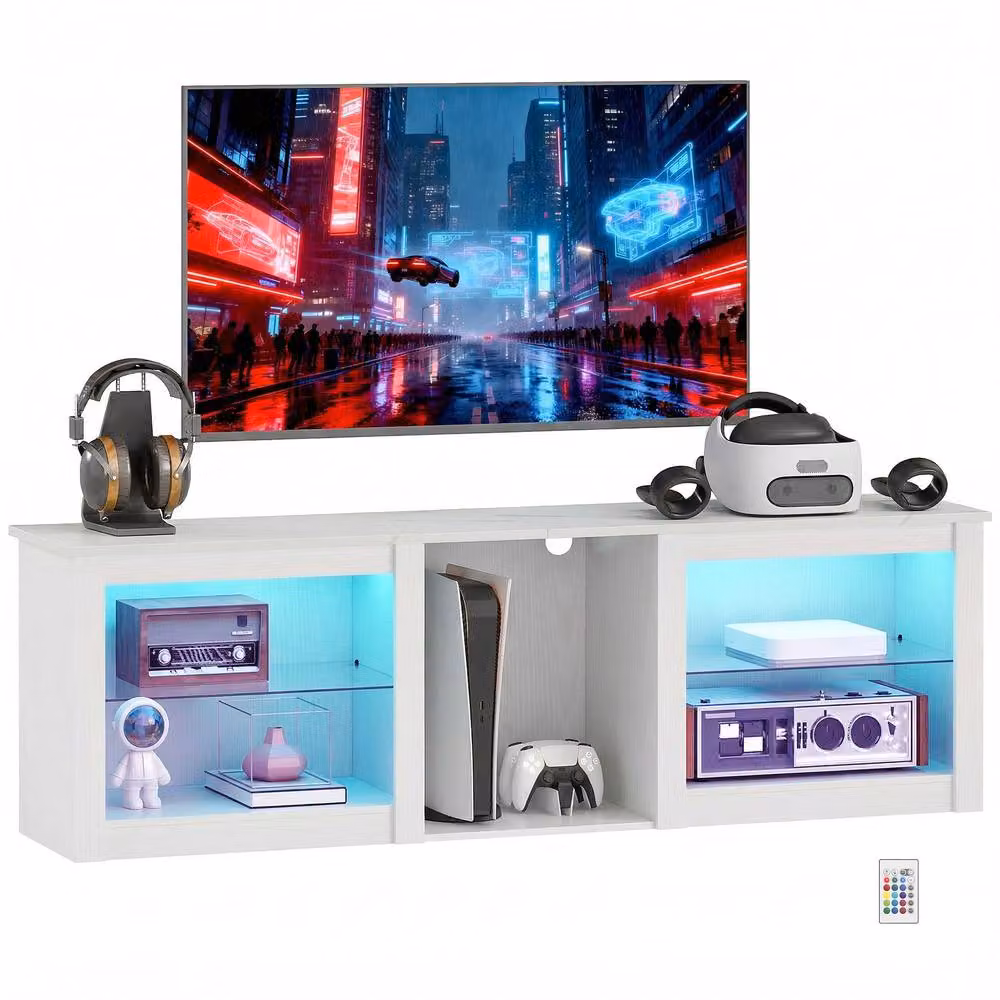 HOMCOM Modern White TV Unit with Integrated LED Lighting and Glass Details – 2
