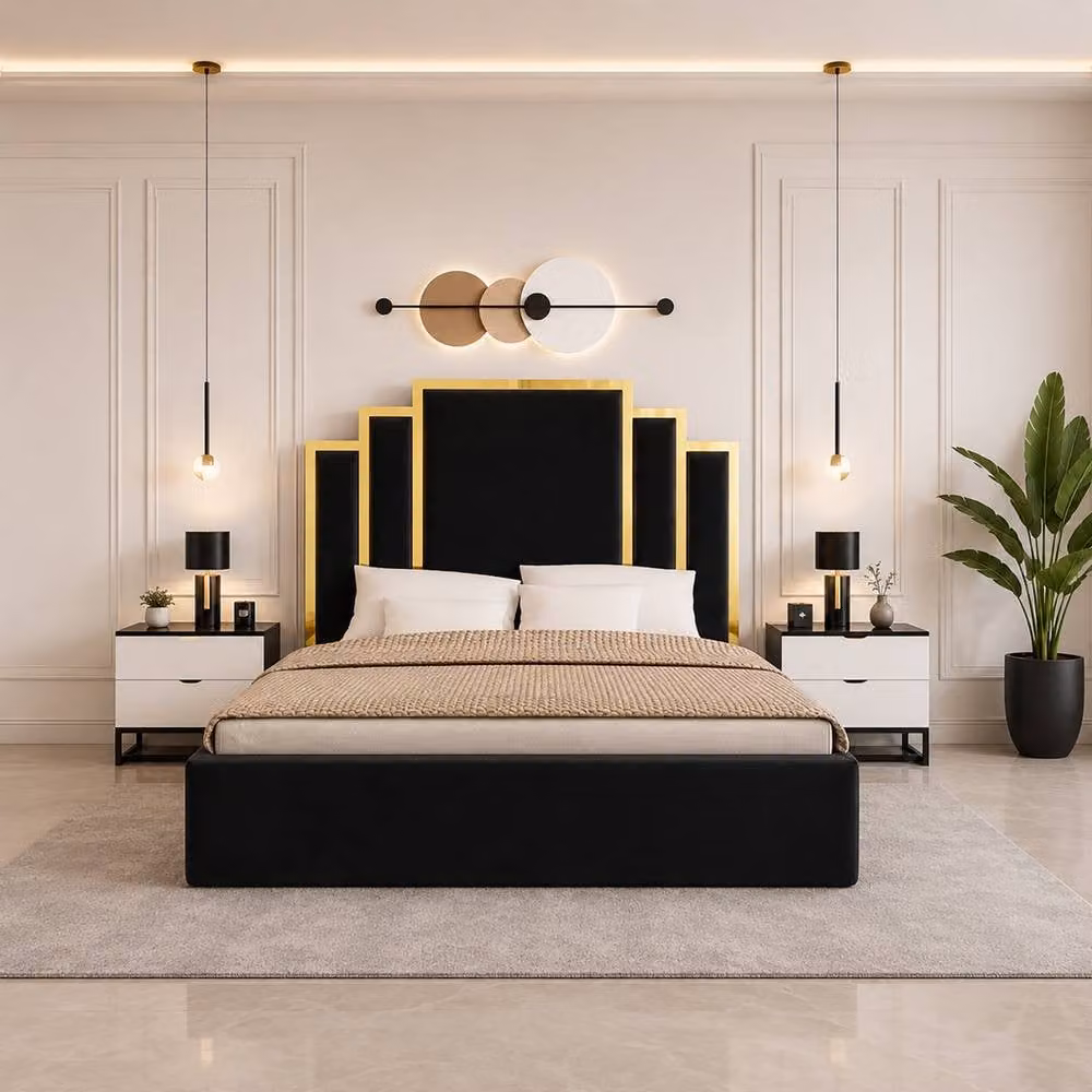 Soft Snooze Beds Silver Velvet Upholstered Ottoman Bed with Gold Trim and Geometric Tufted Headboard, Double – 1