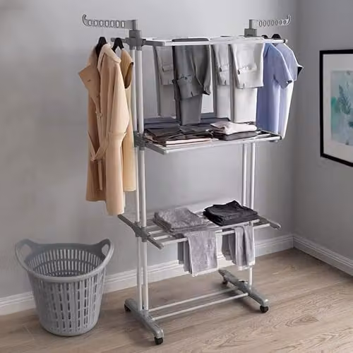 Neo 4 Tier Stainless Steel Folding Clothes Horse Drying Rack with Side Wings and Wheels in Grey – 2