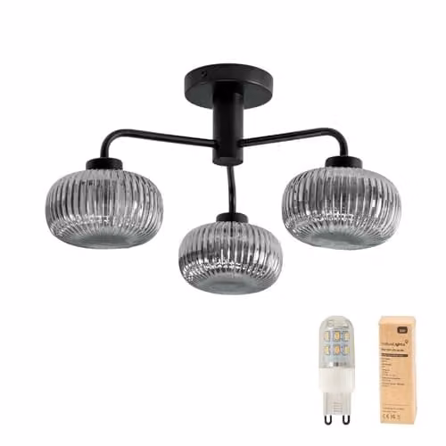 ValueLights Matt Black 3 Way Ceiling Light Fitting with Smoked Ribbed Glass Lampshade, Includes Bulb