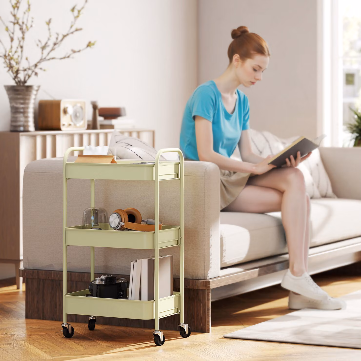 HOMCOM Three-Tier Metal Storage Trolley in Green – 4