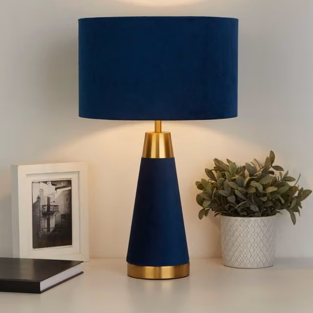 Lighting Collection Blue Velvet Table Lamp with Gold Brass Base – 1