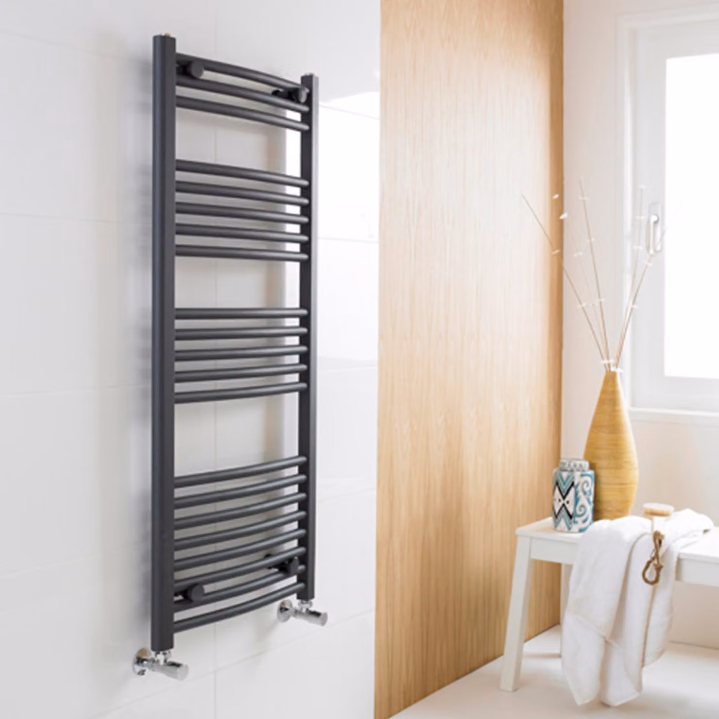Arno Curved Ladder Heated Towel Rail, Anthracite, H 115 cm x W 50 cm x D 5 cm