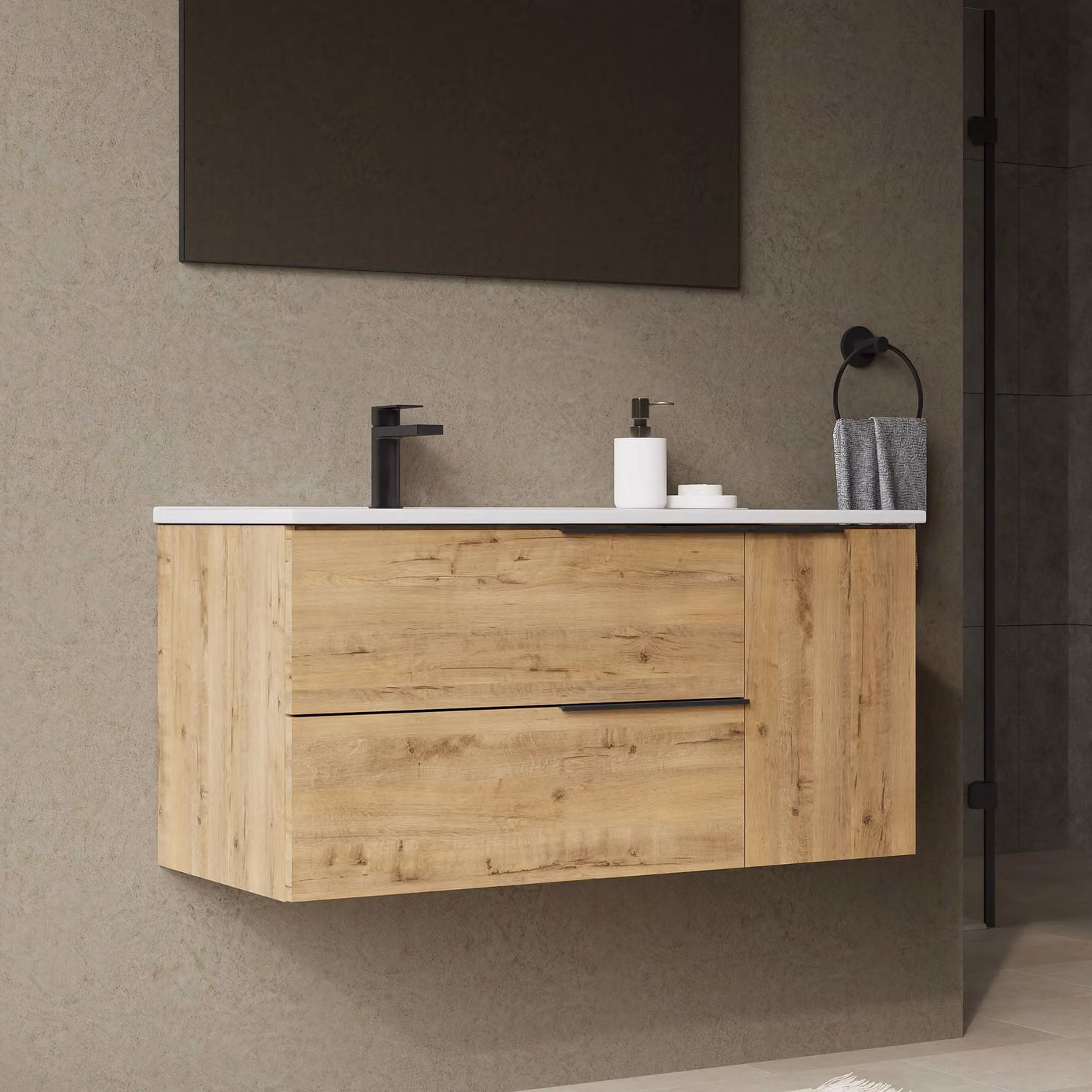 Banyetti Celtic Duo 1000mm Wall Hung Vanity Unit with Door and Basin in Ostippo Light Oak – 4