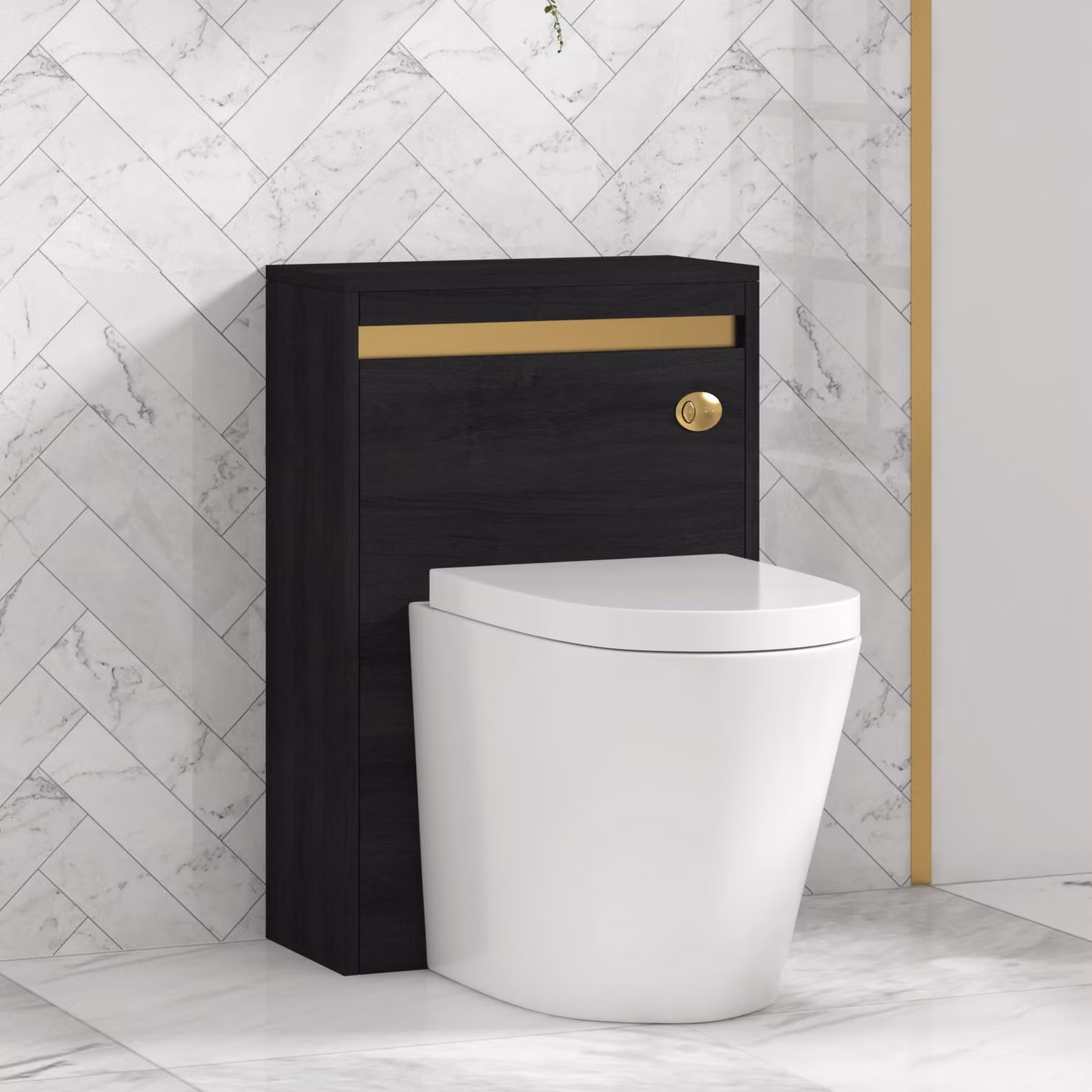 Royal Bathrooms Orion Hale Black BTW WC Unit with Cesar Rimless Toilet Pan, Seat and Cistern, Brushed Brass Accent Trim, Width: 54 cm