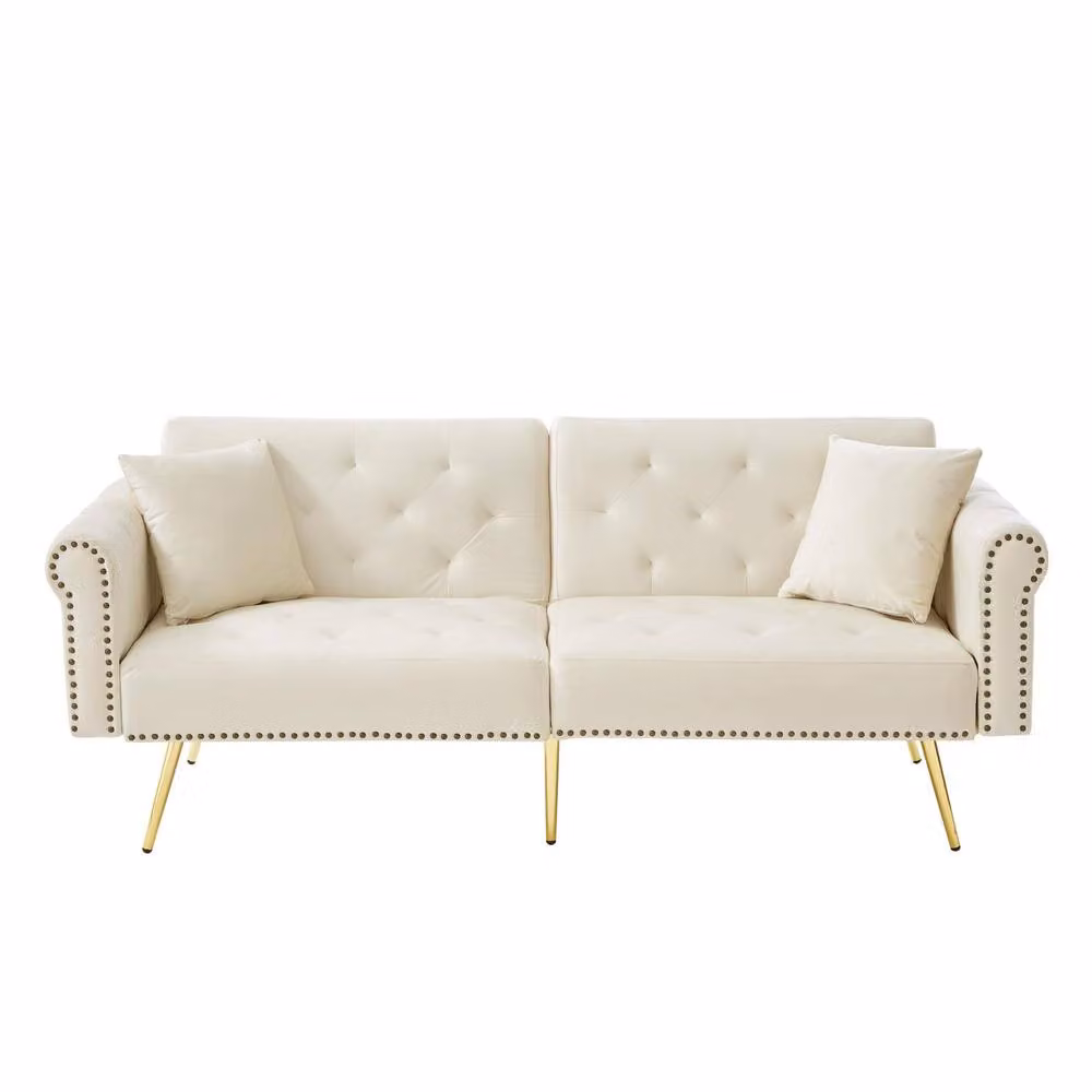 STILVORA 2-Seater Velvet Fabric Sofa Bed with Adjustable Headrest and Scatter Cushions in Beige – 2