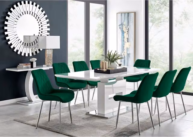 FurnitureboxUK Arezzo Large Extending Dining Table and 8 Pesaro Silver Leg Chairs in Green and White
