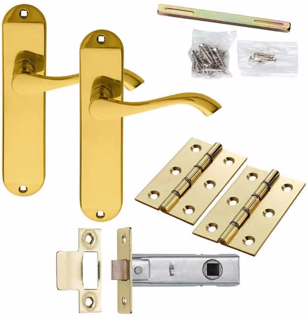Loops Polished Brass Modern Scroll Door Handle and Latch Pack with Slim Rounded Backplate
