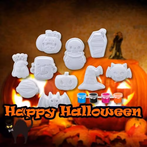 VFM e-Store Halloween Decorations Craft Kit with 10 Designs, 6 Paints and Brush in White – 7