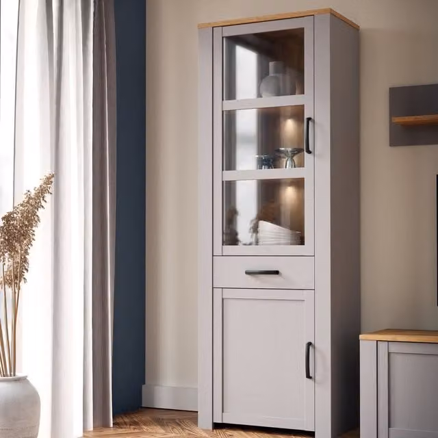 Furniture To Go Bohol Narrow Display Cabinet with Glass Doors and Integrated LED Lights in Grey Riviera Oak