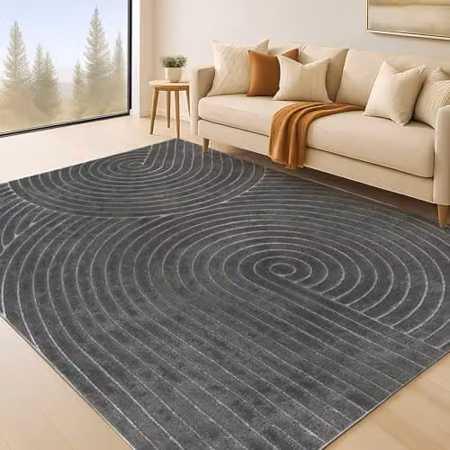 MARLOW Large Fluffy Geometric Area Rug in Dark Grey, W: 160 cm x D: 230 cm, Machine Washable and Non-Slip