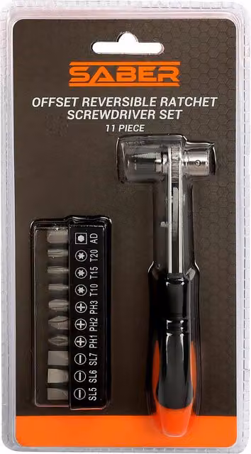 Saber Offset Reversible Ratchet Screwdriver Set with Bits, Black