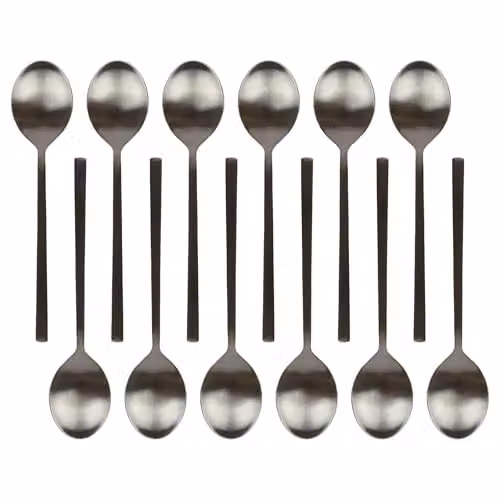 Argon Tableware Stainless Steel Dessert Spoons, Matte Black, Pack of 12