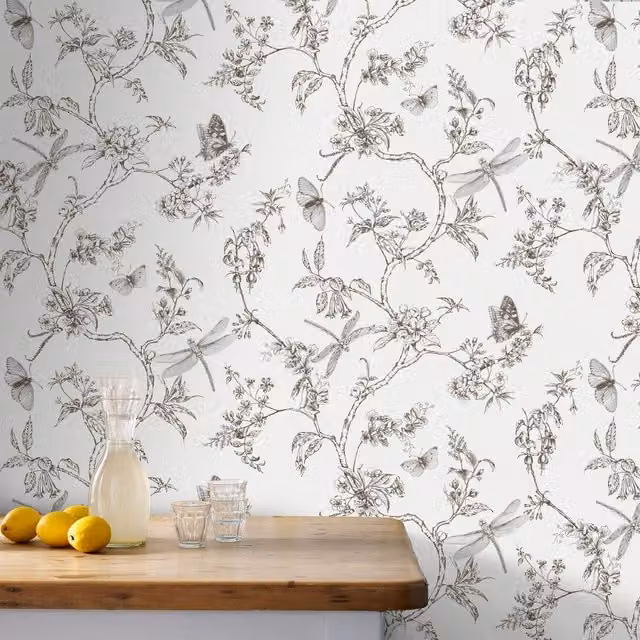 Superfresco Easy Nature Trail Butterfly White Mica Washable Wallpaper in White