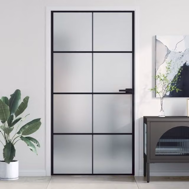 Berkfield Home Slim Interior Door in Black with Tempered Glass and Aluminium, W: 102.5 cm, H: 201.5 cm