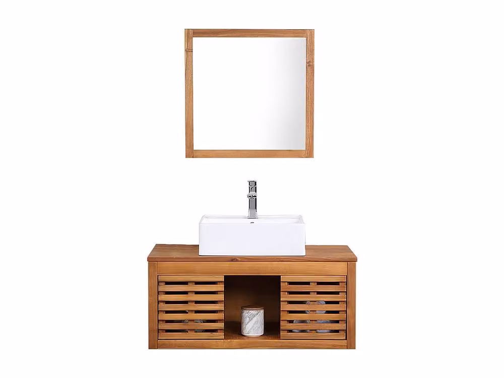 Vente-unique Acacia Wood Wall-Mounted Bathroom Vanity Unit with Single Basin in Walnut, W/D/H: 90 x 50 x 40 cm – 2