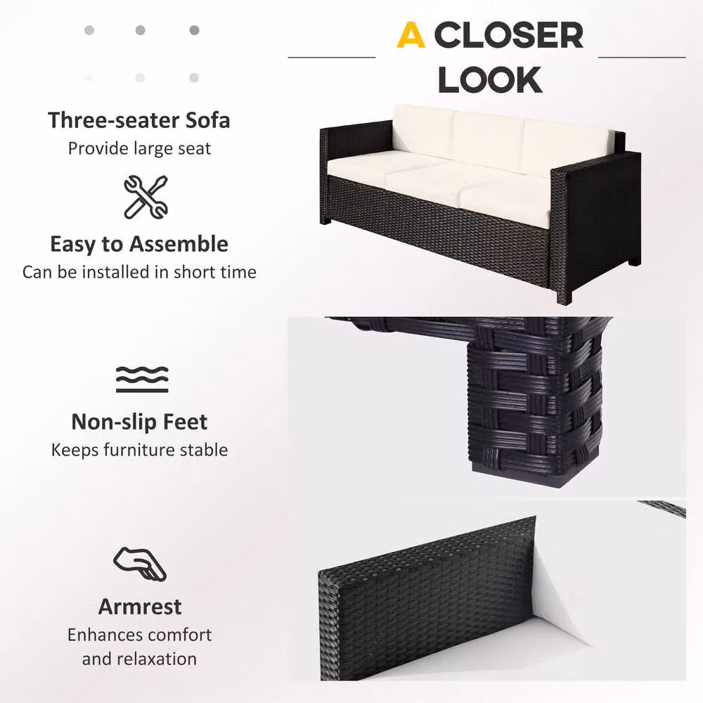 Outsunny 3 Seater Rattan Wicker Sofa with Cushions in Black – 5