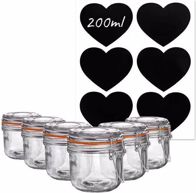 Argon Tableware Pack of 6 Transparent Orange Glass Storage Jars with Clip Lids, 200ml