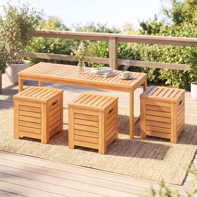 Costway 4-Piece Acacia Wood Outdoor Bench and Storage Box Set in Natural