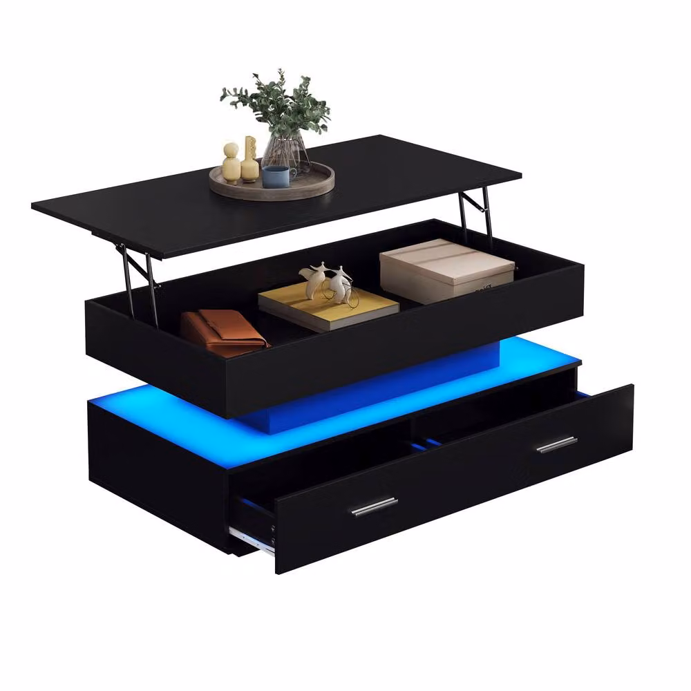 STILVORA Modern Black Lift Top Coffee Table with LED Storage and 2 Drawers – 4