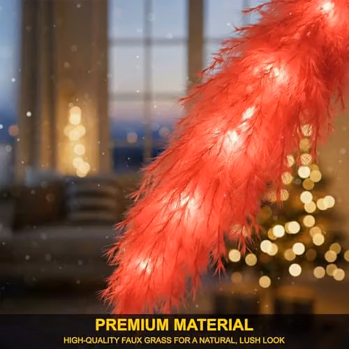 Shatchi Red Prelit Pampas Grass Hanging Decoration with Warm White LEDs, 110 cm – 2