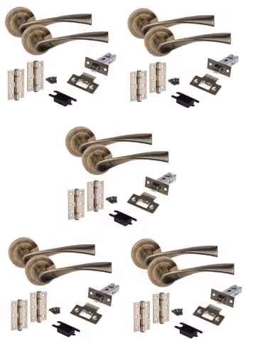 Golden Grace Astrid Door Handle Set with Latch and Hinges in Antique Brass, 5 Sets – 1