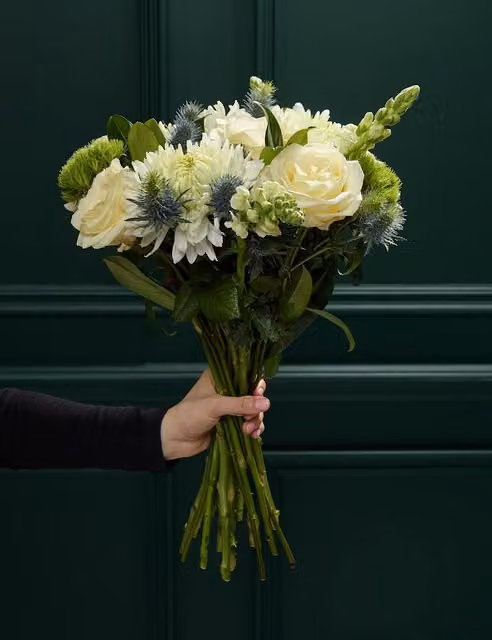 M&S Flower Market White and Blue Rose and Seathistle Floral Bouquet