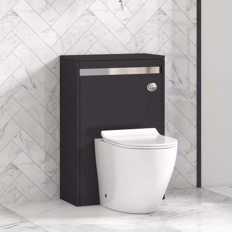 Royal Bathrooms Orion Matt Obsidian Black BTW WC Unit with Elva Rimless Ceramic Toilet Pan, Slim Soft Close Seat and Cistern with Chrome Accent Trim, Width: 54 cm